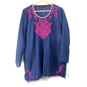 109F Navy Blue Pink Embroidered Tunic Top Sz 3XL Long Sleeve Beach Cover Up Boho